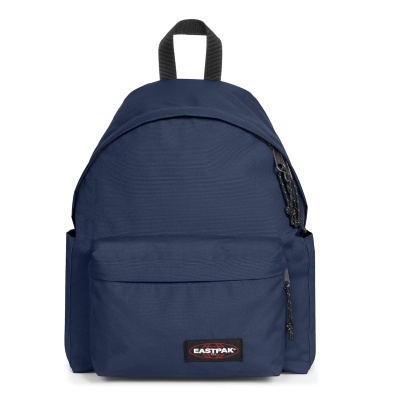 Mochila azul escuro com alça e fechos pretos, logótipo EASTPAK