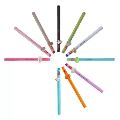 Conjunto de canetas coloridas com acessórios decorativos animais formando círculo