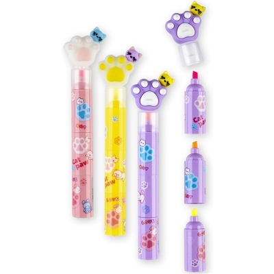 Canetas coloridas com tampas em forma de pata de gato e refis coloridos