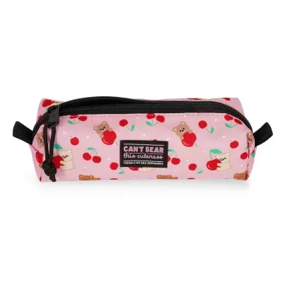 Estojo cor-de-rosa com padrão de ursos e cerejas e fecho preto.