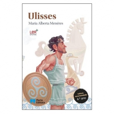 Capa do livro Ulisses com ilustração de guerreiro com escudo e fundo branco com desenhos de cavalo e pato