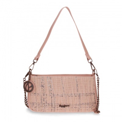 Mala de ombro rosa com textura de tecido tipo tweed e detalhes metálicos