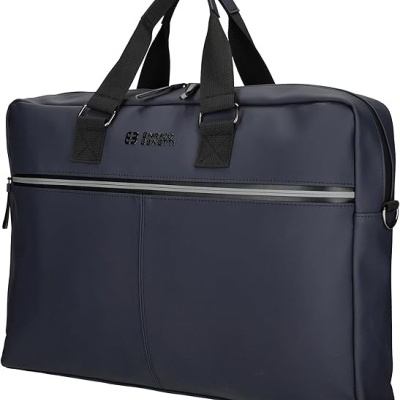 Mala tipo pasta azul escuro com alças pretas e fecho prateado