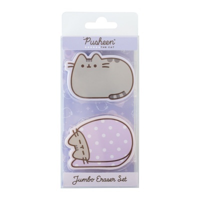 Conjunto Jumbo Eraser Set Pusheen com duas borrachas em embalagem transparente com fundo lilás