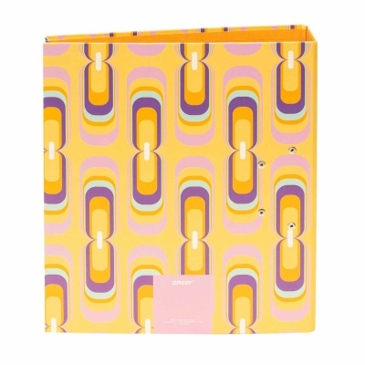 Arquivo de papelão com padrão retro em amarelo, rosa, laranja, roxo e azul claro e etiqueta ancor