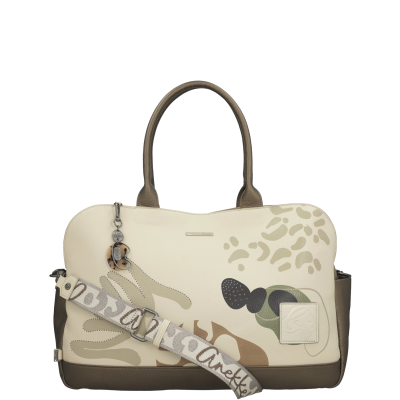 Mala tote creme com estampado abstrato e alça ajustável padrão.