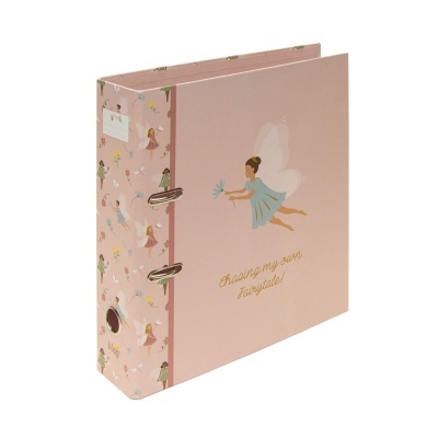 Pasta de arquivo rosa com ilustrações de fadas e texto dourado