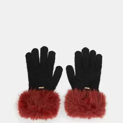Luvas pretas com punhos vermelhos de pele sintética e etiqueta GUESS
