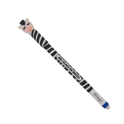 Caneta preta e branca com riscas e figura de gato no topo.