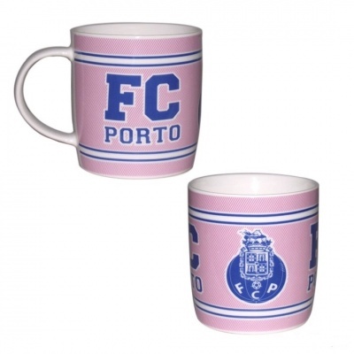 Caneca de cerâmica rosa com texto azul FC PORTO e emblema do clube