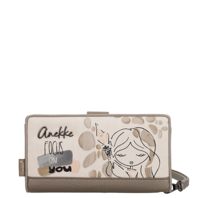 Carteira bege e castanha com ilustração e texto Anekke FOCUS ON YOU