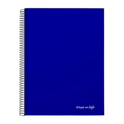 Caderno espiral azul com texto no canto inferior direito