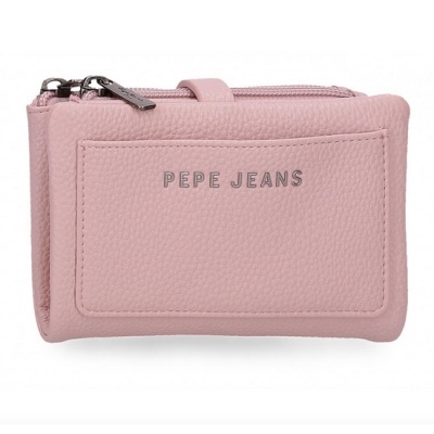 Carteira rosa claro com fecho duplo e etiqueta PEPE JEANS