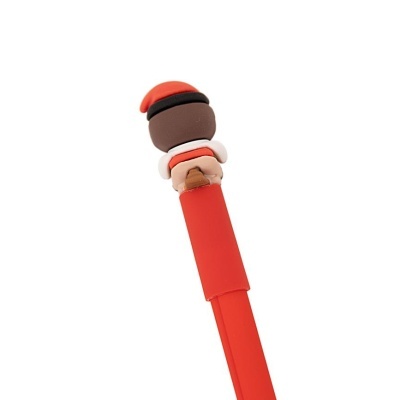 Caneta vermelha com topo decorativo de personagem com gorro vermelho