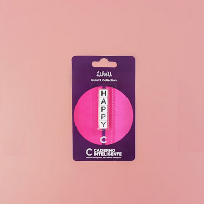 Marcador de página branco com letras a formar HAPPY na embalagem roxa e rosa