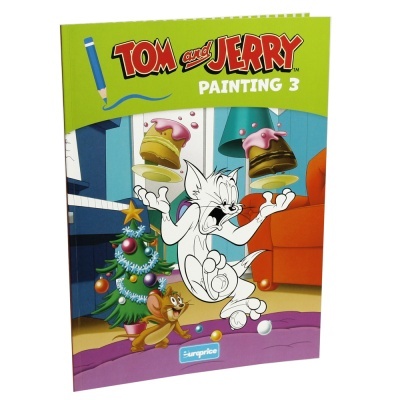 Livro para pintar Tom and Jerry com capa verde e ilustração natalícia