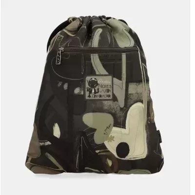 Mochila de tecido com padrão abstrato em tons castanhos com bolso frontal