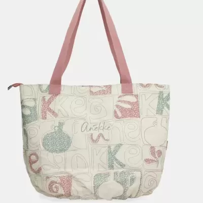 Saco de tecido com padrão colorido e alças rosa
