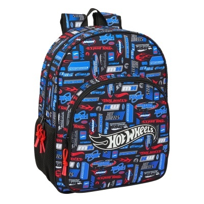Mochila preta com padrão Hot Wheels com texto e puxadores vermelhos