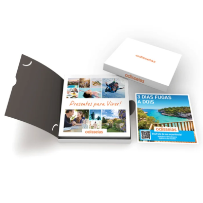 Caixa branca, catálogo e cartão promocional da marca odisséias