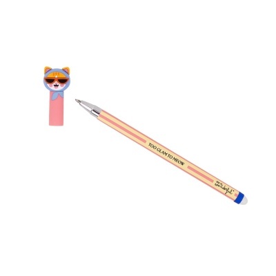 Caneta com tampa decorada com figura de gato laranja e corpo bege com texto