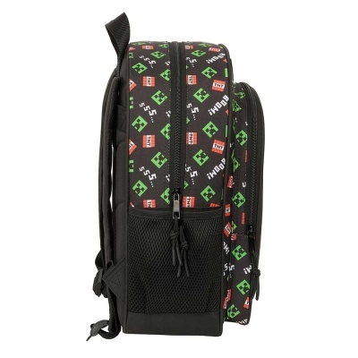 Mochila preta com padrão colorido e bolsos zip vista lateral