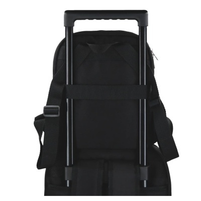 Mochila preta com tira de fixação a tubo de mala preta