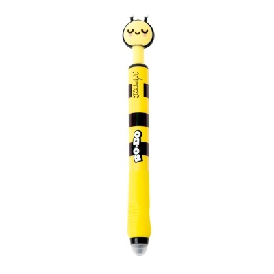 Caneta amarela e preta com topo de abelha e texto MR WONDERFUL e BO-BO.