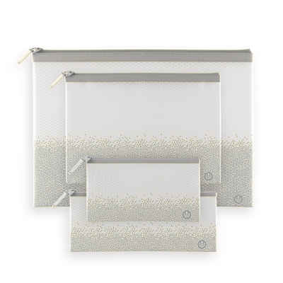 Conjunto de bolsas de plástico translúcido com padrão de bolinhas douradas e cinzentas