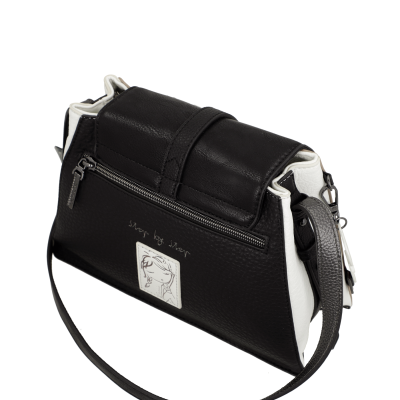 Mala de senhora preta e branca com fecho de correr e textura granulada