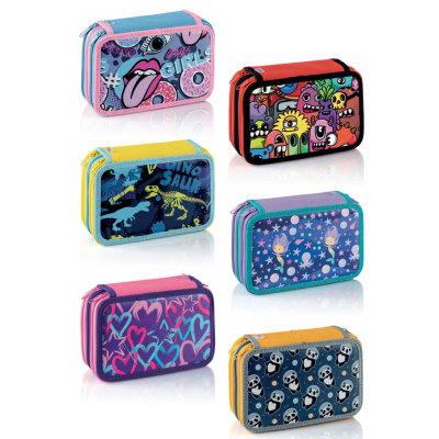 Seis estojos coloridos com padrões divertidos e variados para crianças.