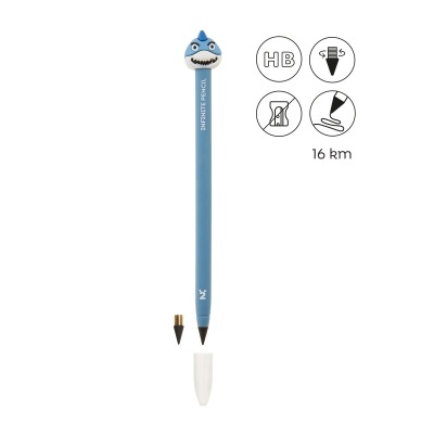 Lápis azul HB com cabeça de tubarão decorativa no topo e ponta preta