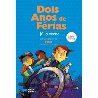 Capa de livro 'Dois Anos de Férias' com ilustração de três rapazes e leme de barco