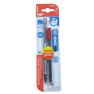 Lápis mecânico MP 2,0 mm HB em embalagem de plástico transparente com fundo laranja e branco