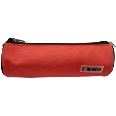 Estojo cilíndrico vermelho com fecho preto e etiqueta B-BOX