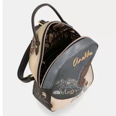 Mochila pequena bege, azul e castanha com fecho e ilustração Anekke