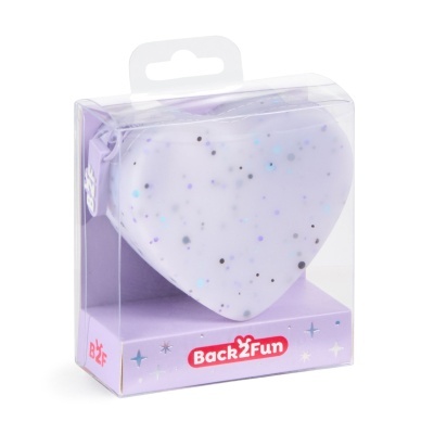 Estojo coração lilás com pontos em embalagem transparente com texto Back2Fun