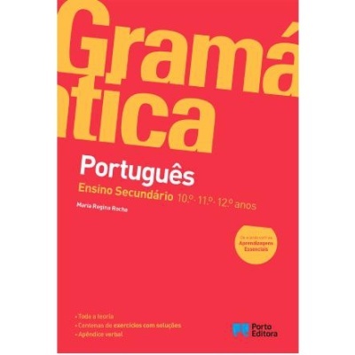 Capa de livro escolar vermelho sobre gramática de português, ensino secundário.