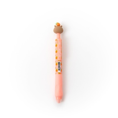 Caneta cor-de-rosa com padrão de laranjas e topo de urso com laranja