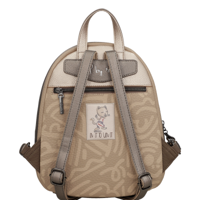 Mochila bege com padrão abstrato e alças metálicas