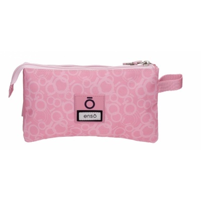 Estojo escolar rosa com padrão circular e etiqueta ensō
