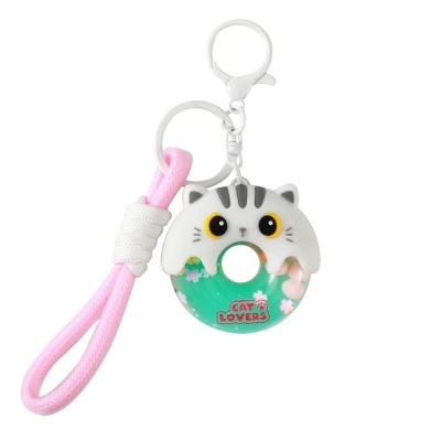 Chaveiro donut transparente com cabeça de gato e alça rosa