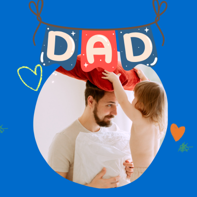 Banner colorido com letras DAD sobre fotografia circular de homem e criança em fundo azul com desenhos coloridos