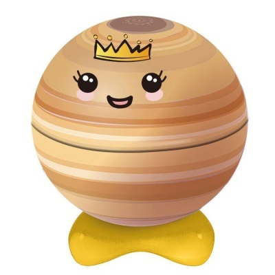 Produto esférico listrado com rosto sorridente e coroa amarela