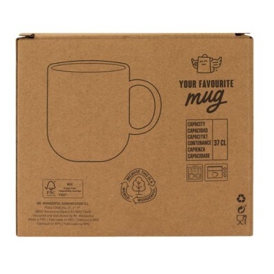 Caixa de cartão castanho com ilustração de caneca e texto sobre capacidade e reciclagem
