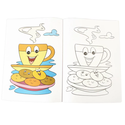 Livro de colorir com chávena feliz e biscoitos em cores e preto e branco.