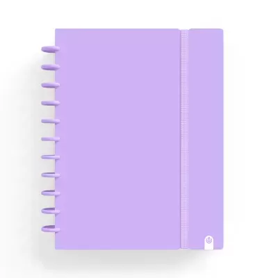 Caderno de argolas lilás com capa rígida e elástico