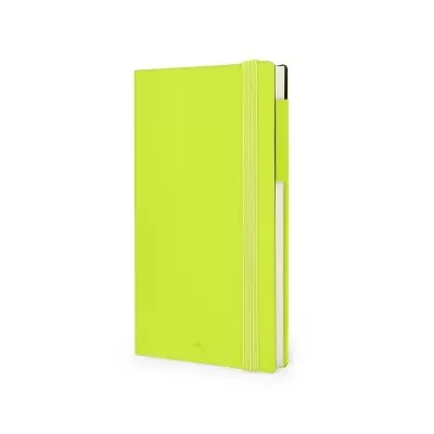 Caderno verde limão com capa dura e elástico de fecho