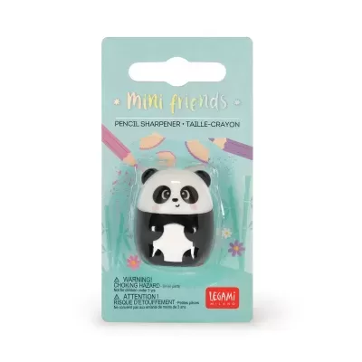 Apontador de lápis em forma de panda na embalagem azul clara Mini Friends