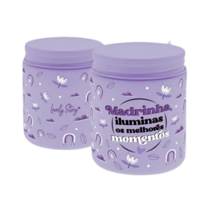 Frasco lilás plástico com decoração floral e texto em português